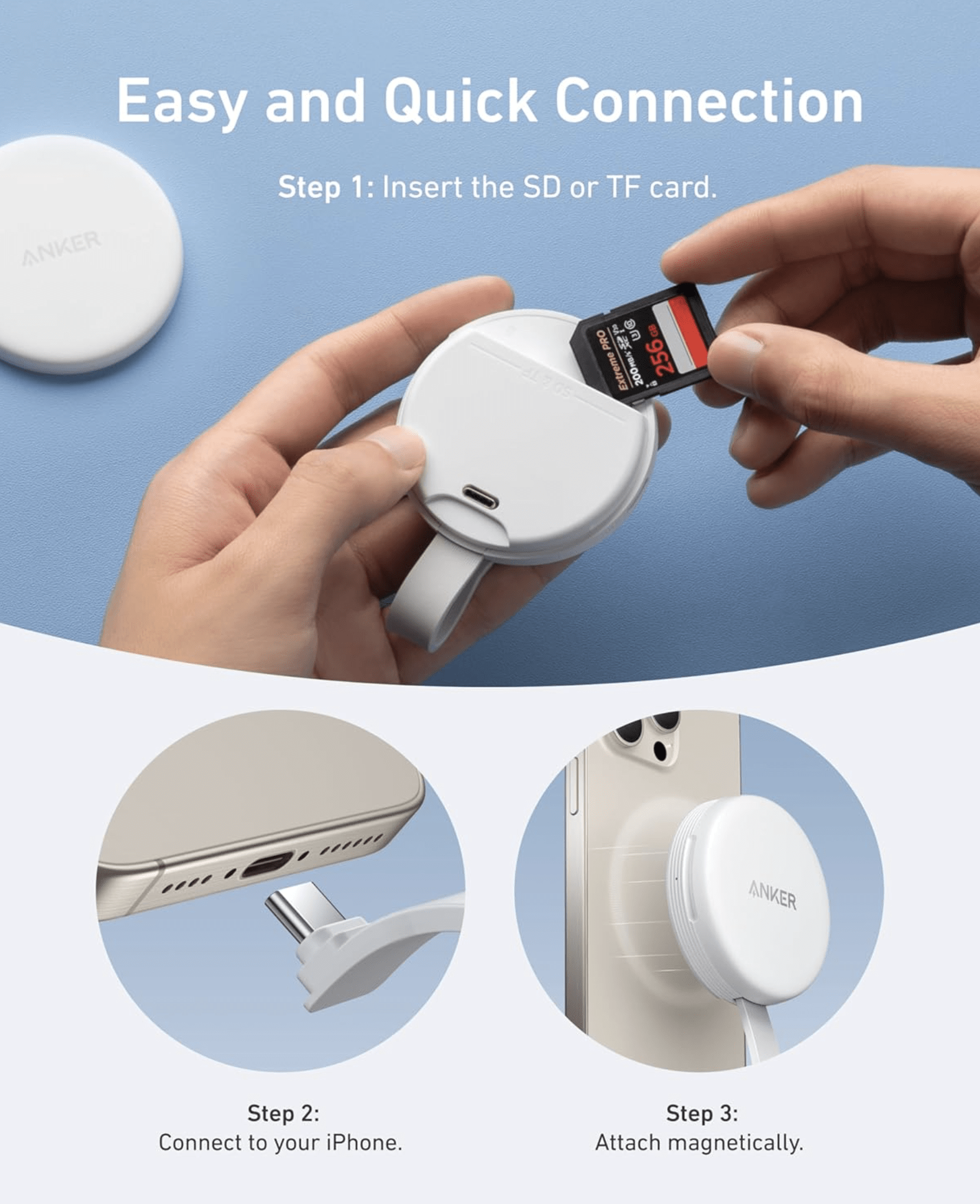 Крупный план высокоскоростных слотов SD 4.0 и microSD 4.0 на картридере Anker MagGo с поддержкой UHS-II